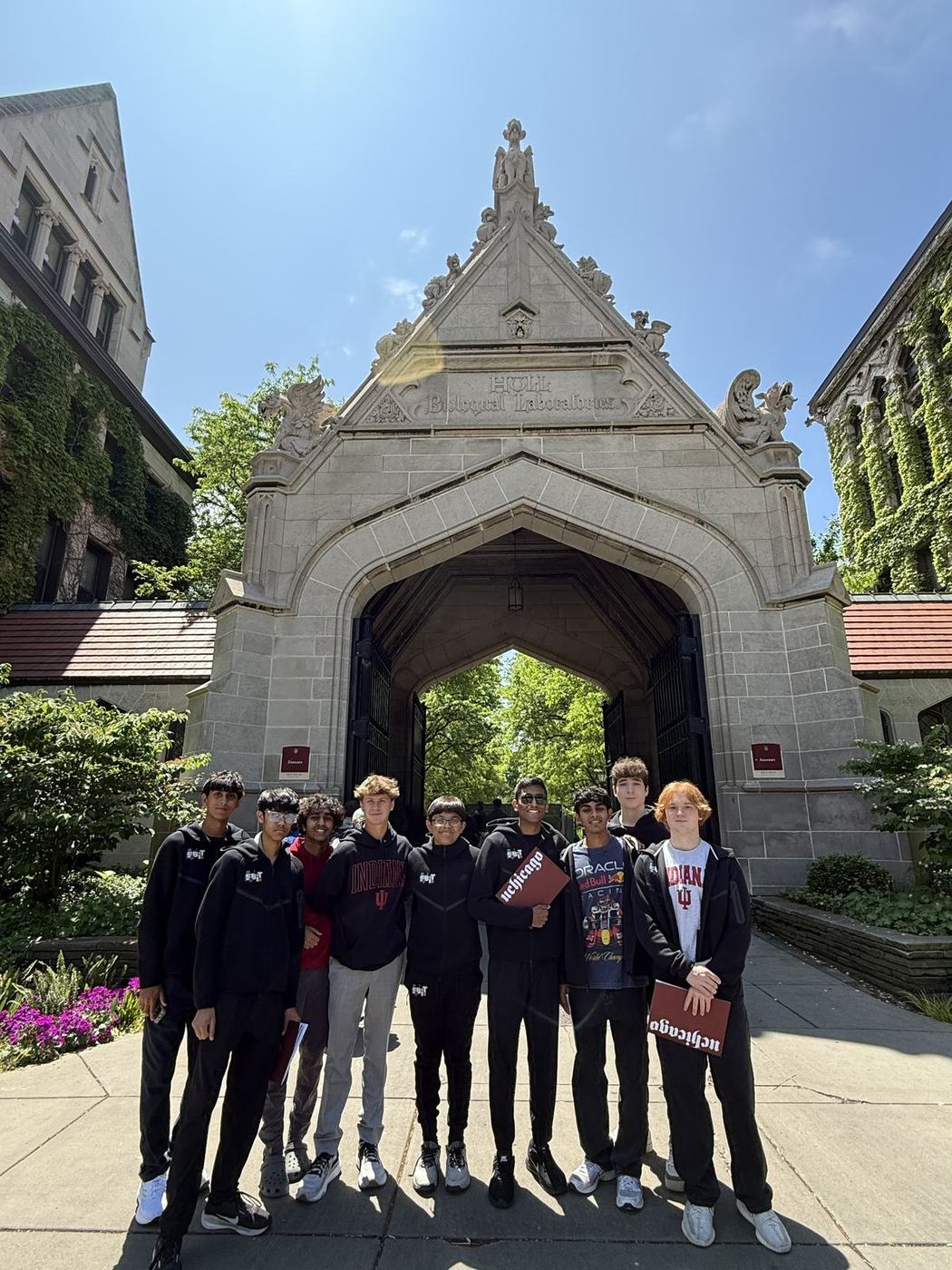EBIT group at a stone campus gateway on the Chicago field trip, 2026.